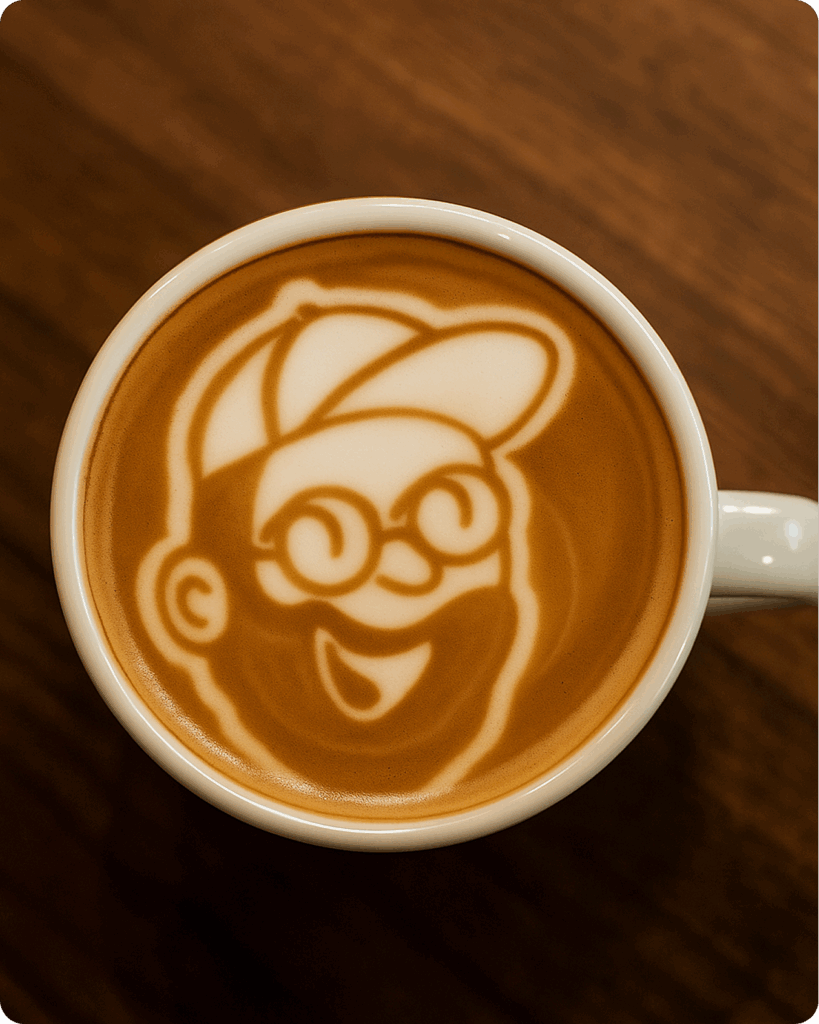 Latte art avec le logo de Tonton Kraft le concept un café créatif